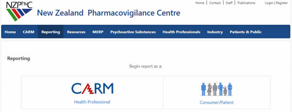 Screenshot of the Centre for Adverse Reactions Monitoring online reporting page
